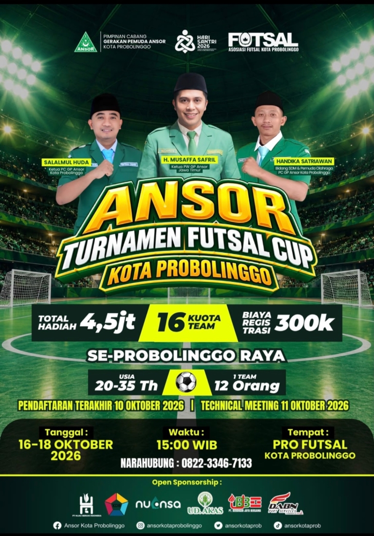Semarakkan Hari Santri Nasional 2026, PC GP Ansor Kota Probolinggo Gelar Turnamen Futsal Se-Probolinggo Raya